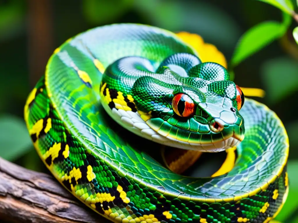 Una serpiente esmeralda arborícola envuelta alrededor de una rama, con escamas brillantes y ojos amarillos, en su hábitat natural