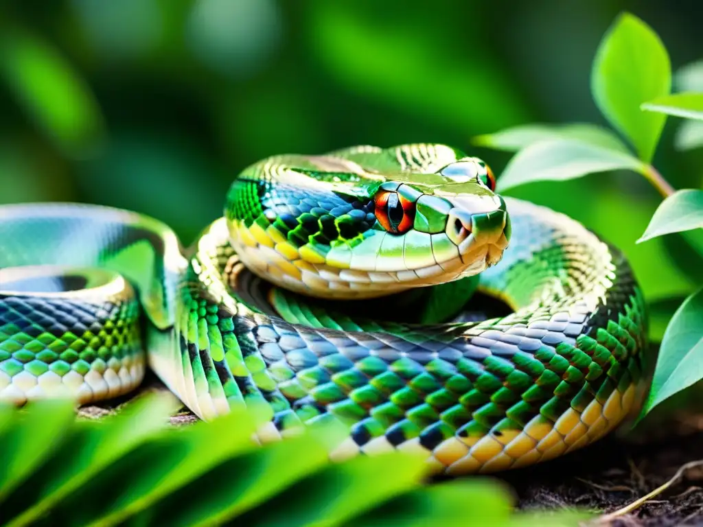 Una serpiente deslizándose entre frondosa vegetación, con sus escamas brillantes y su lengua curiosa