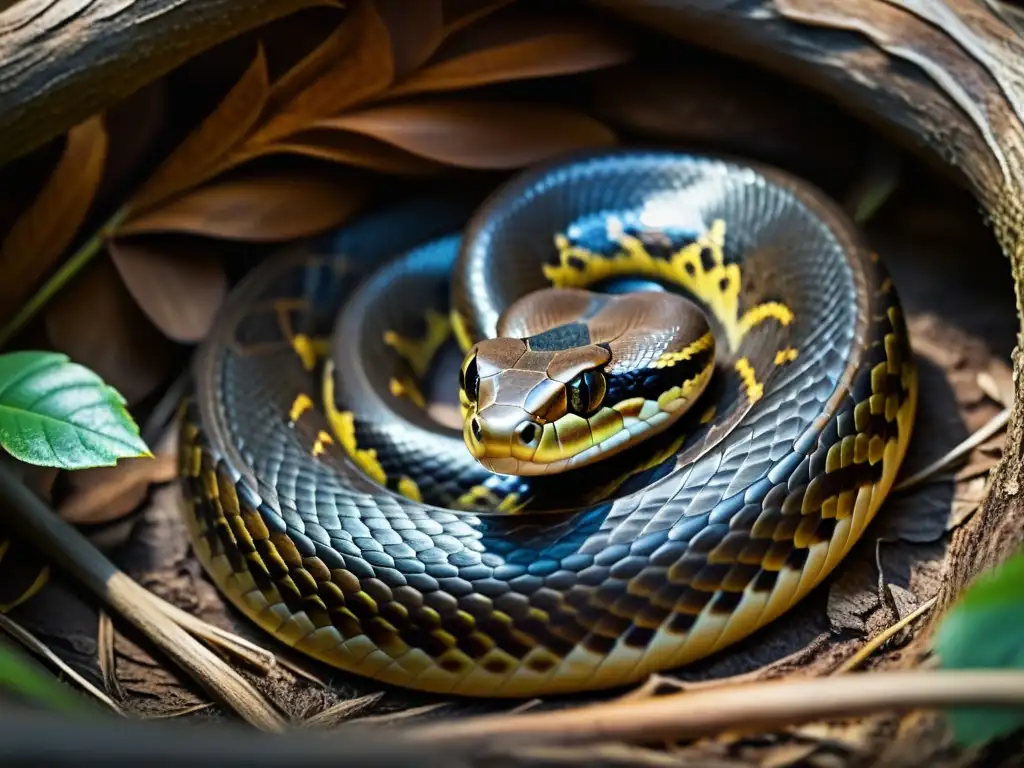 Una serpiente en hibernación, con escamas brillantes en un nido entre raíces