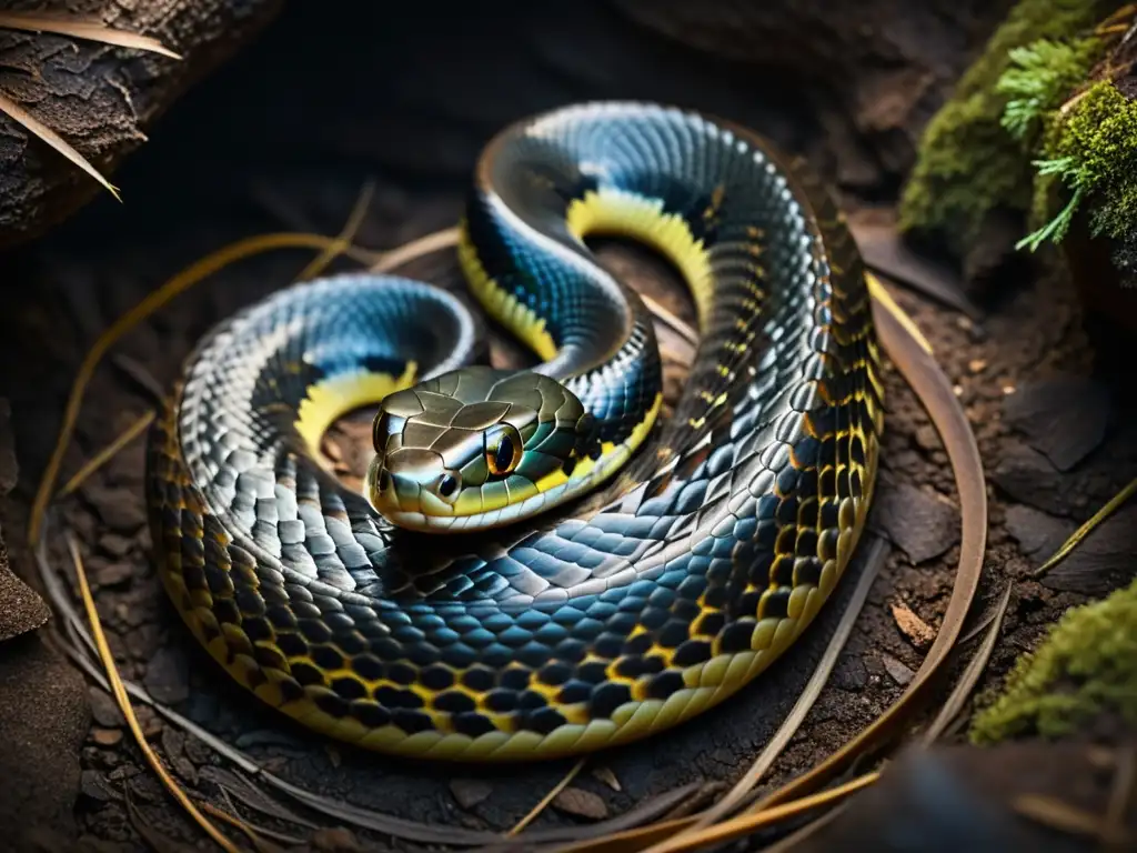 Una serpiente en hibernación, con sus escamas brillantes en la penumbra del invierno