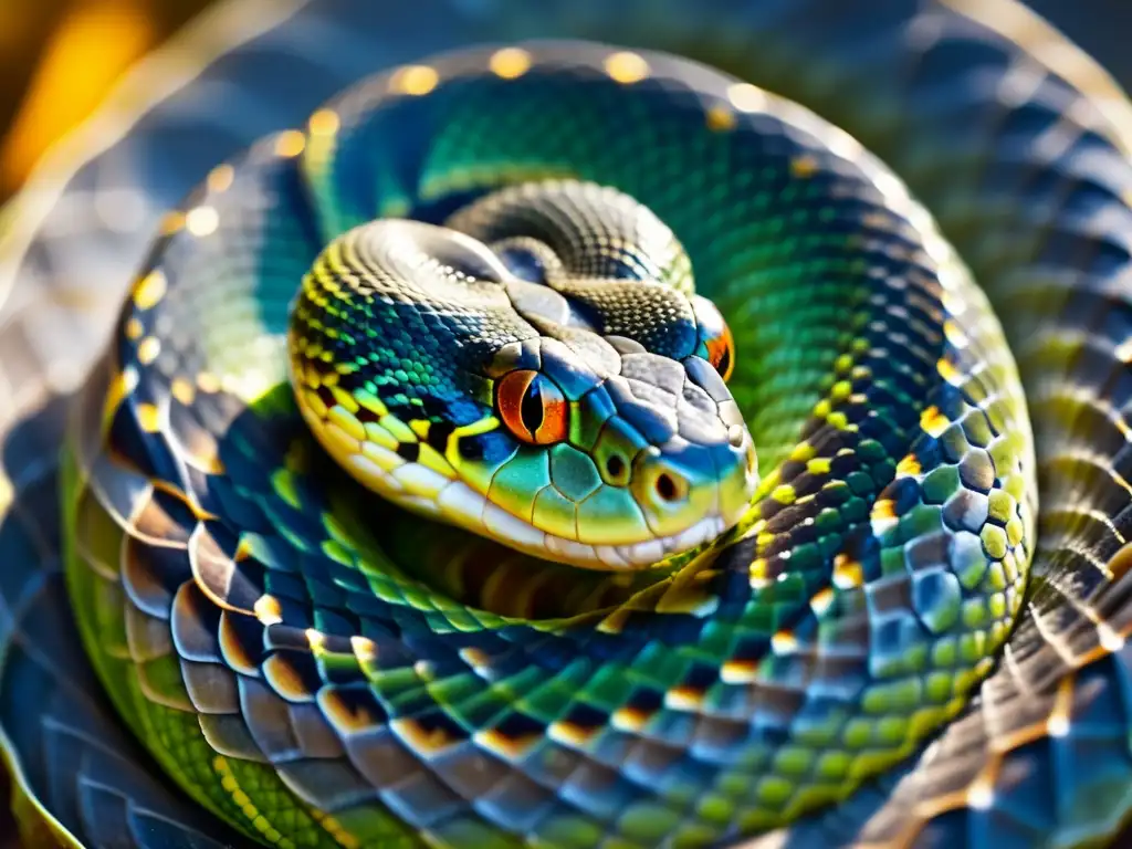 Una serpiente en hibernación, sus escamas brillan con condensación, mostrando su supervivencia en el invierno