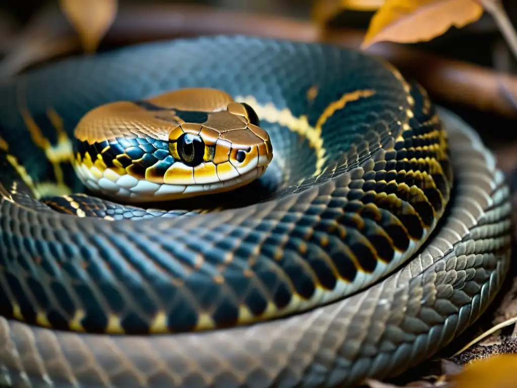 Una serpiente en hibernación, con escamas detalladas y ambiente frío