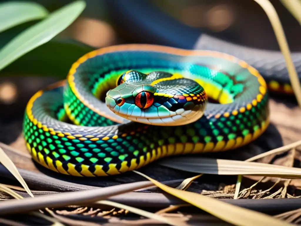 Pequeña serpiente con escamas vibrantes y rastreo satelital, en un entorno natural