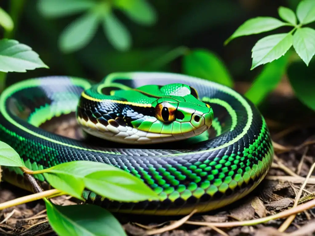 Una serpiente de patrón escamoso verde y negro se desliza entre la maleza, buscando presas