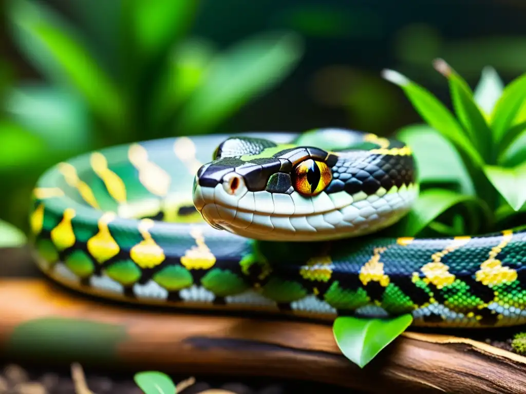 Una serpiente hermosamente estampada se enrosca en una rama en un terrario espacioso y bien iluminado, mejorando condiciones vida reptiles cautiverio