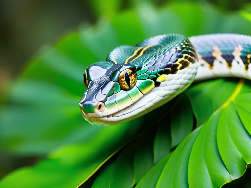 Una serpiente deslizándose entre la exuberante vegetación de la selva, mostrando sus patrones y texturas