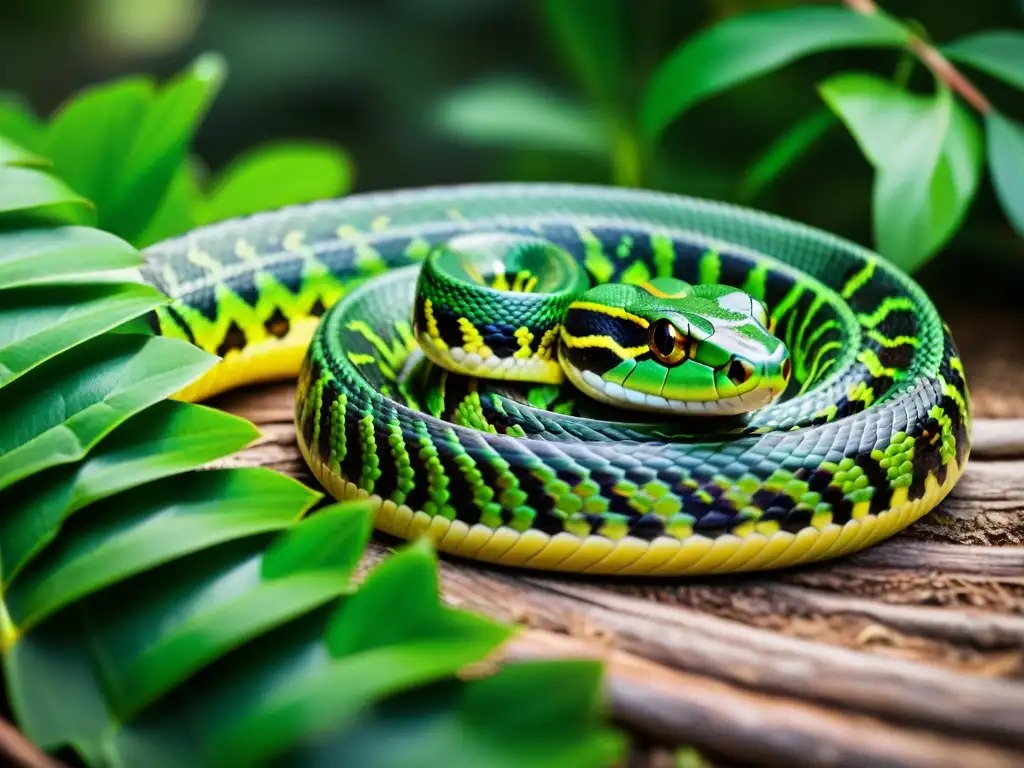 Una serpiente en su hábitat natural, con escamas detalladas y patrones intrincados