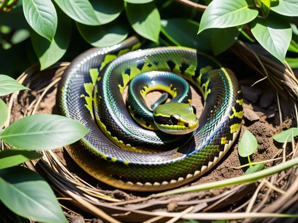 Una serpiente hembra deposita huevos en un nido, rodeada de exuberante vegetación