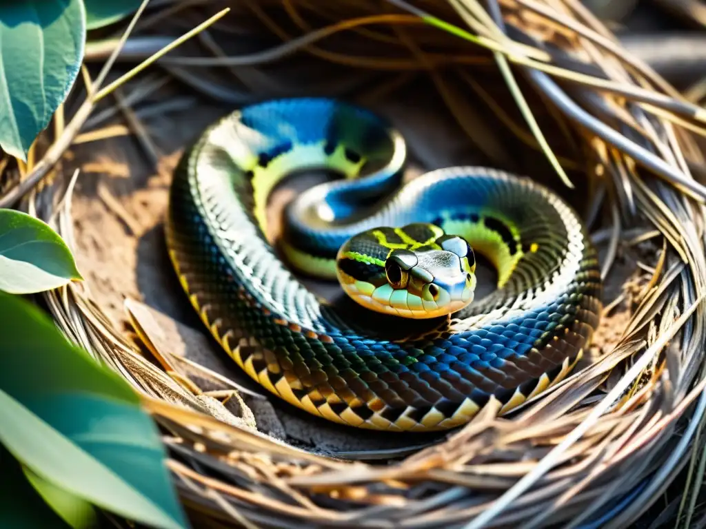 Una serpiente hembra pone huevos en un nido cuidadosamente construido, mostrando su comportamiento reproductivo