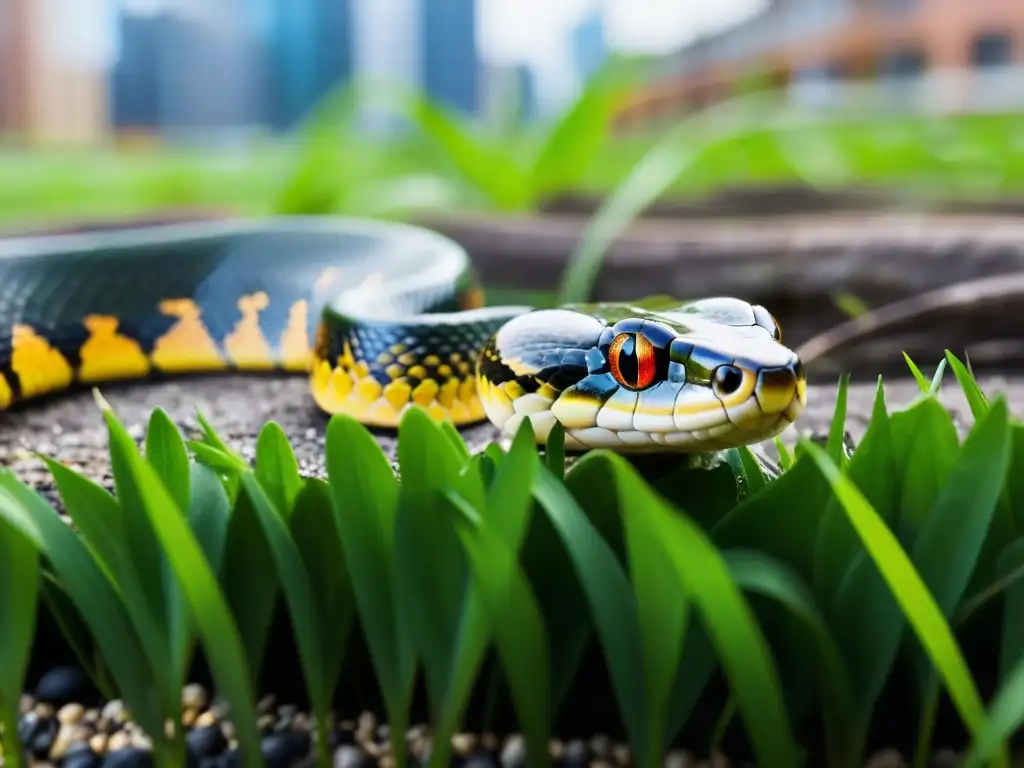 Una serpiente se desliza entre la hierba en un entorno urbano, mostrando la belleza salvaje en medio de la ciudad