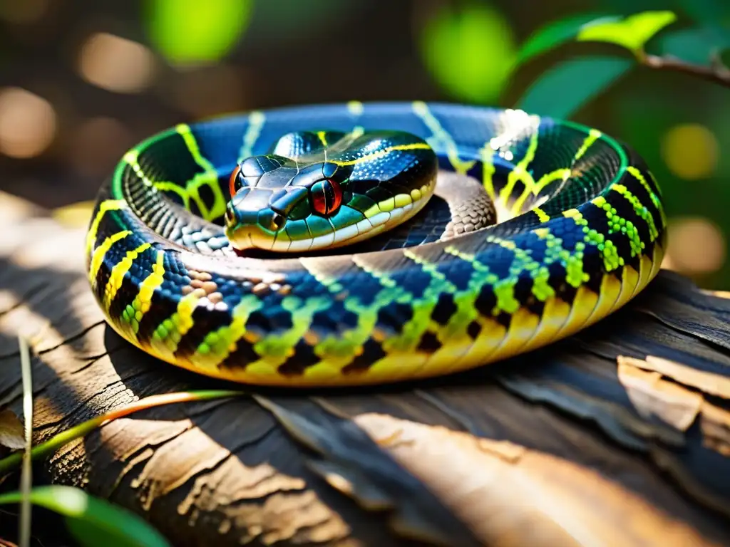 Una serpiente se desliza entre las hojas del bosque, destacando sus escamas vibrantes