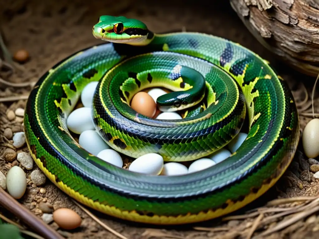 Una serpiente hembra protege sus huevos con amor maternal, mostrando el ciclo de vida de serpiente en toda su belleza y misterio