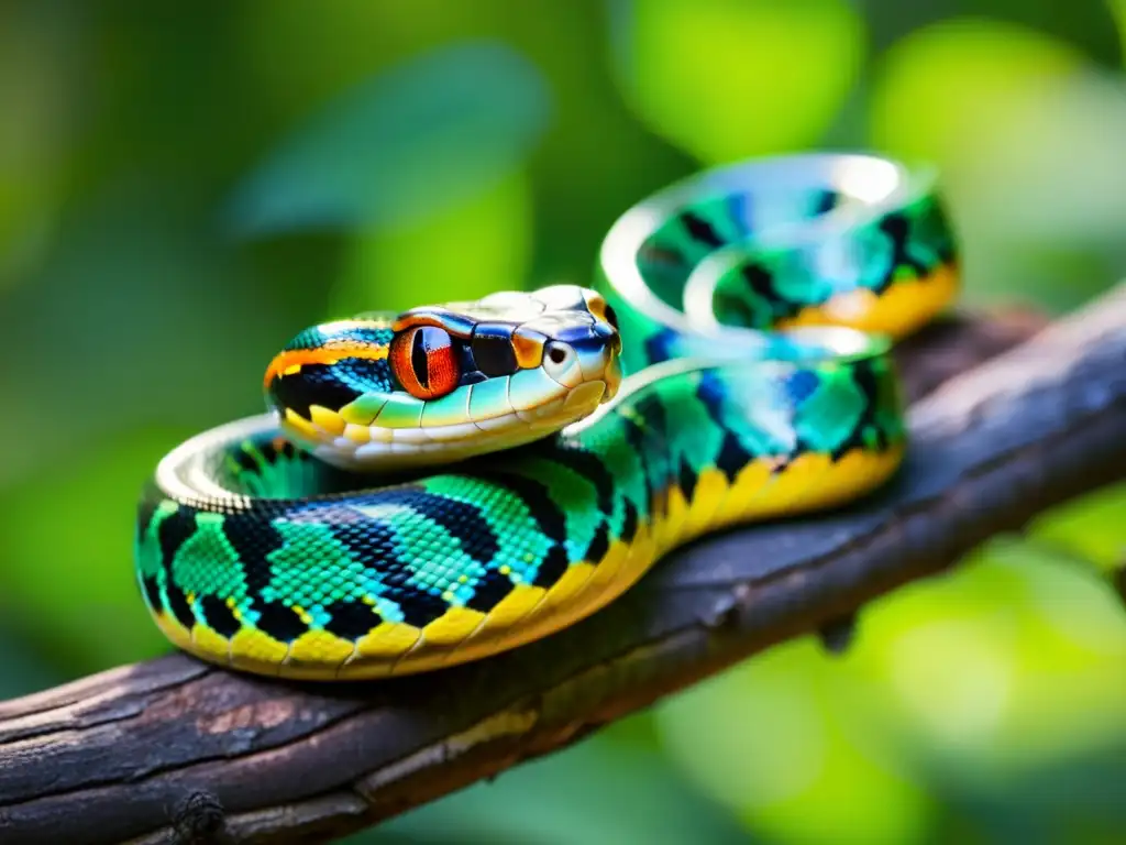 Una serpiente iridiscente se enrosca alrededor de una rama, iluminada por el sol entre la densa vegetación