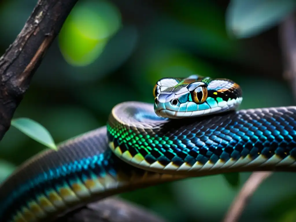 Una serpiente iridiscente se enrosca alrededor de una rama en la oscuridad de la noche, mostrando hábitos nocturnos de conservación