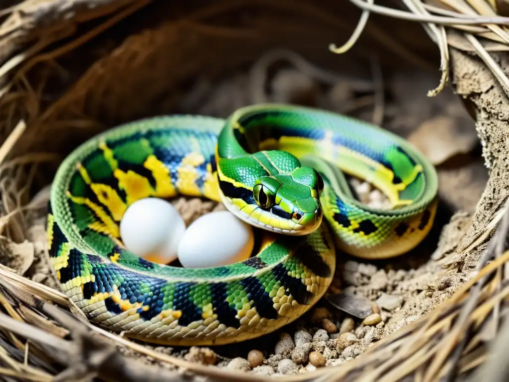 Una serpiente o lagarto poniendo huevos en un nido, mostrando estrategias reproductivas en reptiles