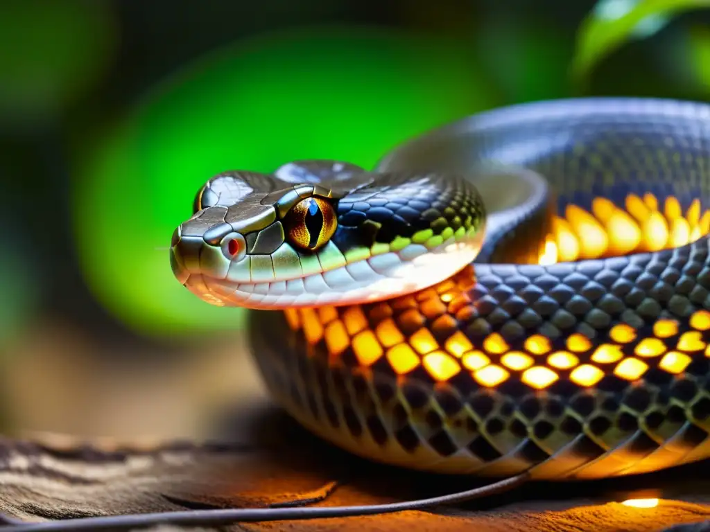 Una serpiente reposando bajo una lámpara de calor, con patrones intrincados en sus escamas y el cálido resplandor en su piel, creando un efecto de temperatura ideal para la digestión de reptiles