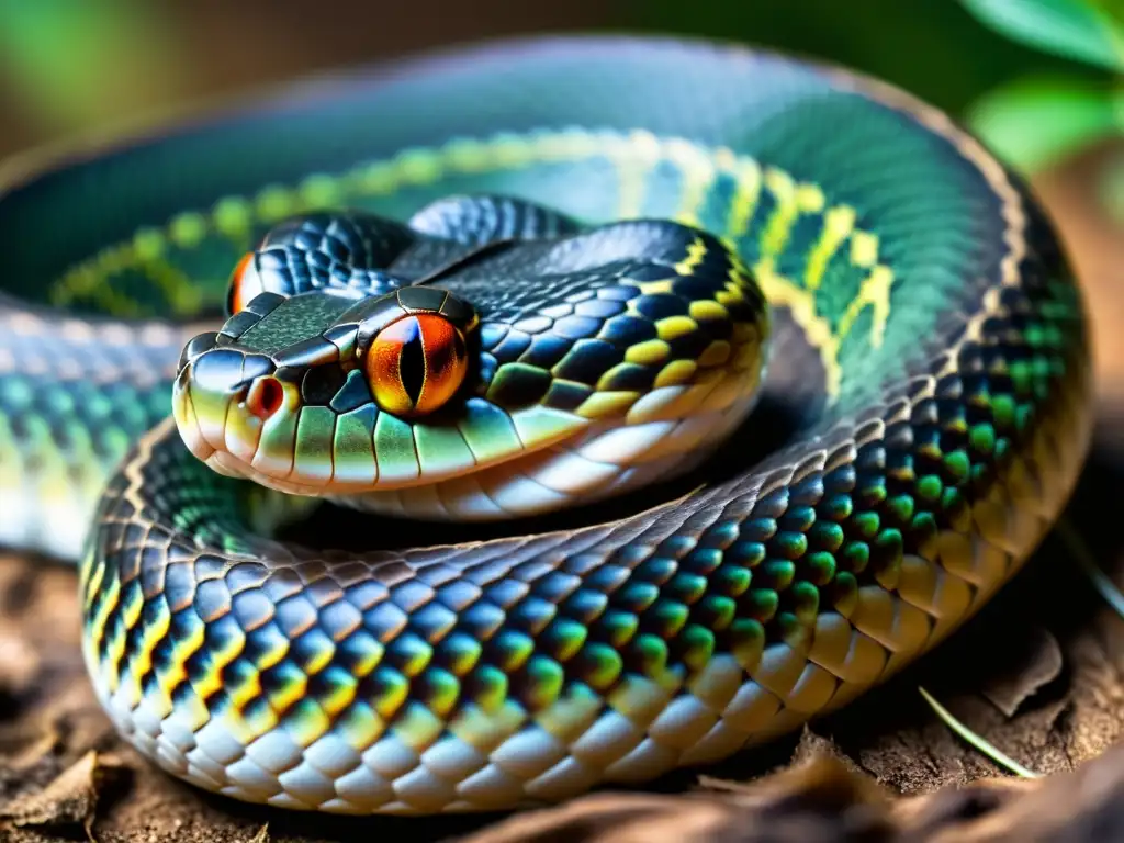 Una serpiente enfoca su lengua bifurcada para capturar partículas de olor, mostrando su sistema olfativo avanzado reptiles con detalle asombroso