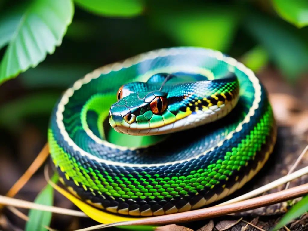 Una serpiente nativa camuflada entre exuberante vegetación, mostrando tácticas de supervivencia de reptiles exóticos