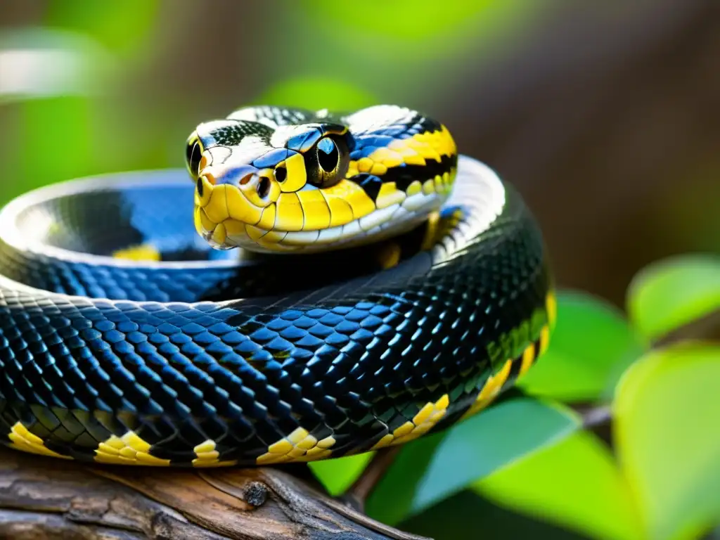 Una serpiente negra y amarilla se enrosca en una rama, con sus escamas brillando al sol