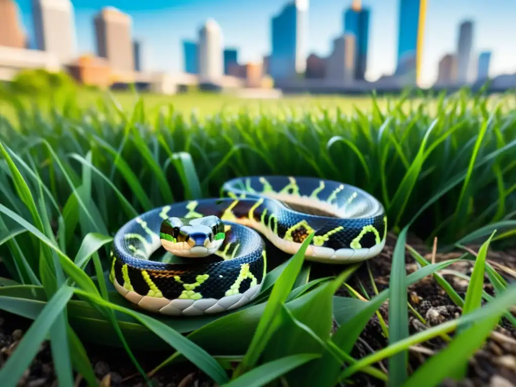 Una serpiente negra y blanca serpentea en la hierba verde vibrante de la ciudad, desafiando la supervivencia urbana