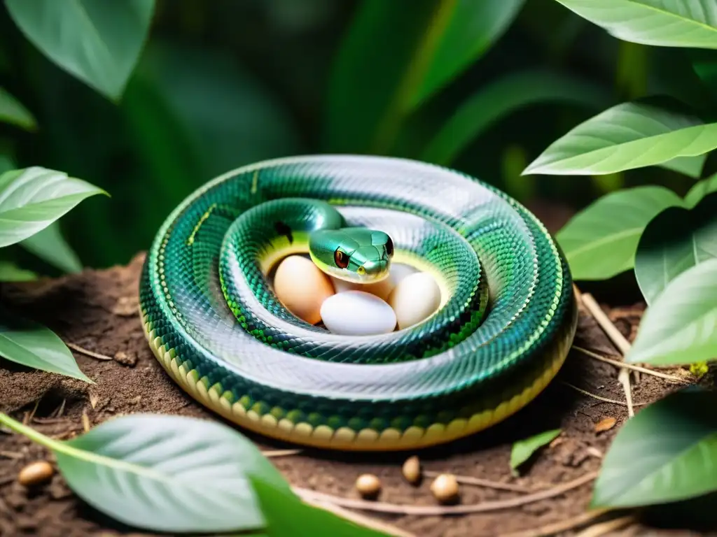 Una serpiente hembra cuida su nido de huevos en la selva, con patrones detallados y ojos alertas