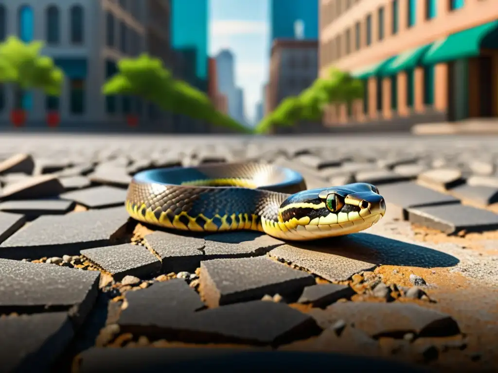 Una serpiente se desliza entre el pavimento agrietado en un entorno urbano, desafiando la supervivencia en la ciudad