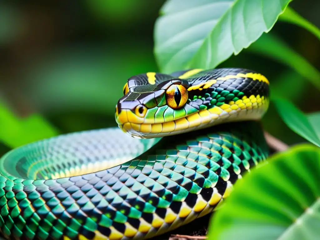 Una serpiente en peligro se desliza entre exuberante vegetación, destacando la importancia de la conservación de serpientes en peligro