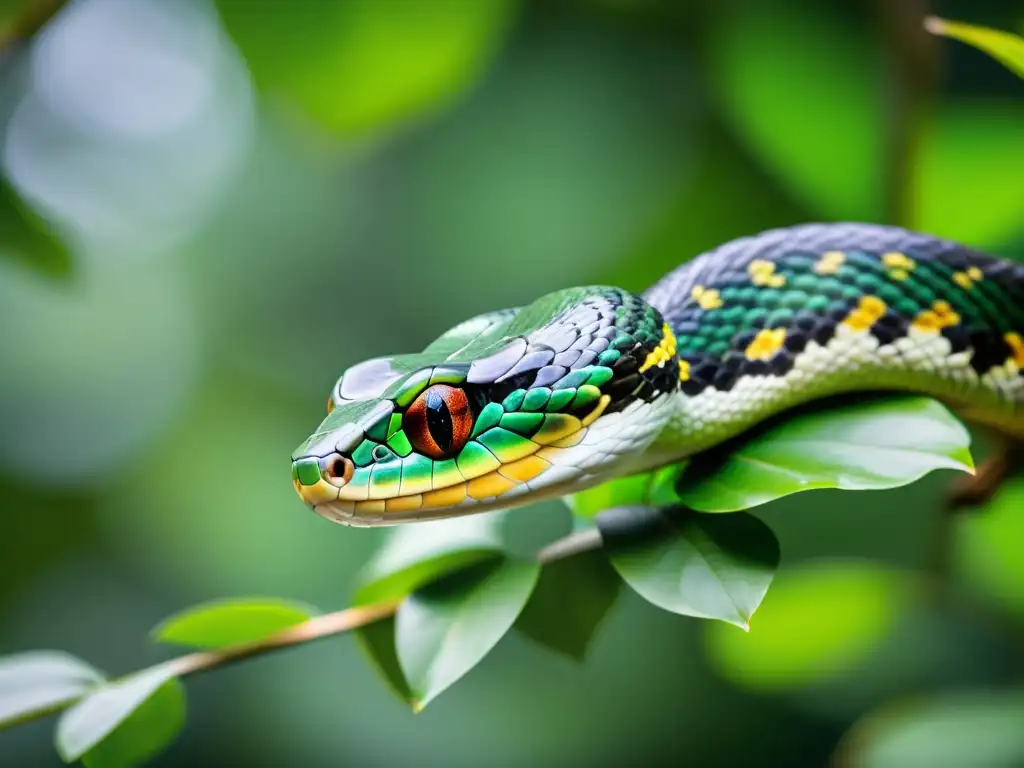 Una serpiente planeadora muestra sus fascinantes capacidades de planeo en reptiles, deslizándose entre árboles con sus escamas vibrantes