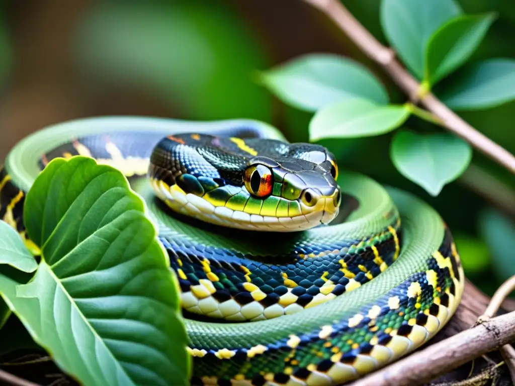 Una serpiente en posición defensiva, con escamas y patrones visibles, alerta ante posibles amenazas