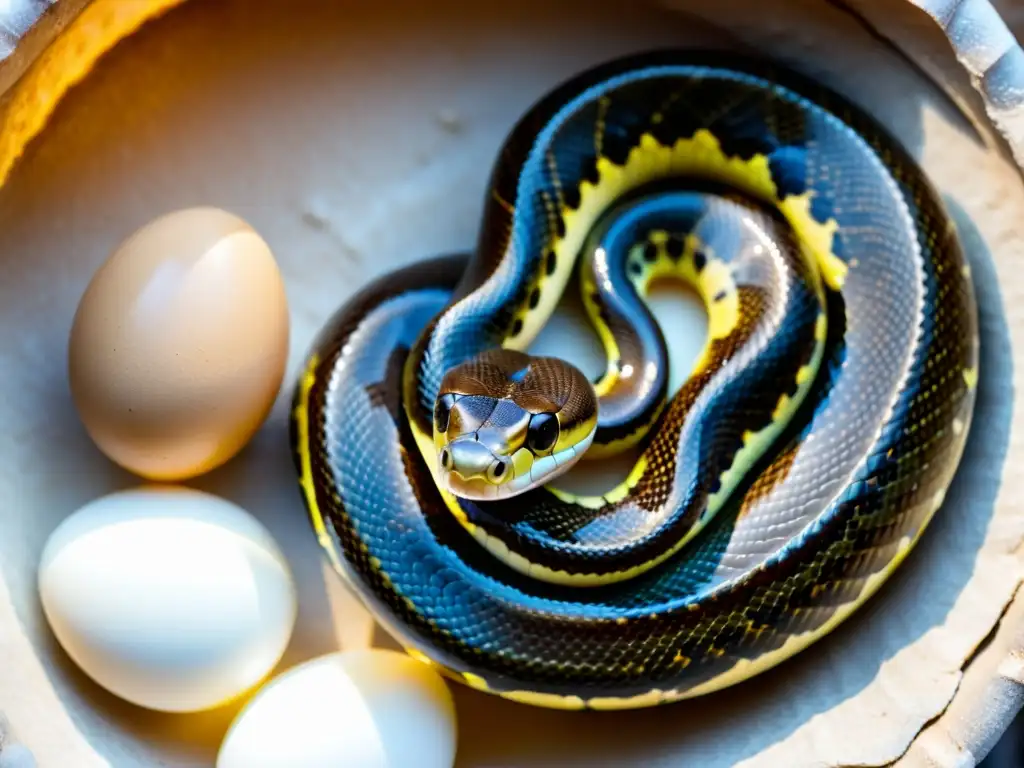 Una serpiente hembra en primer plano protege con intensidad un grupo de huevos, mostrando la belleza de sus escamas y la delicadeza de los huevos