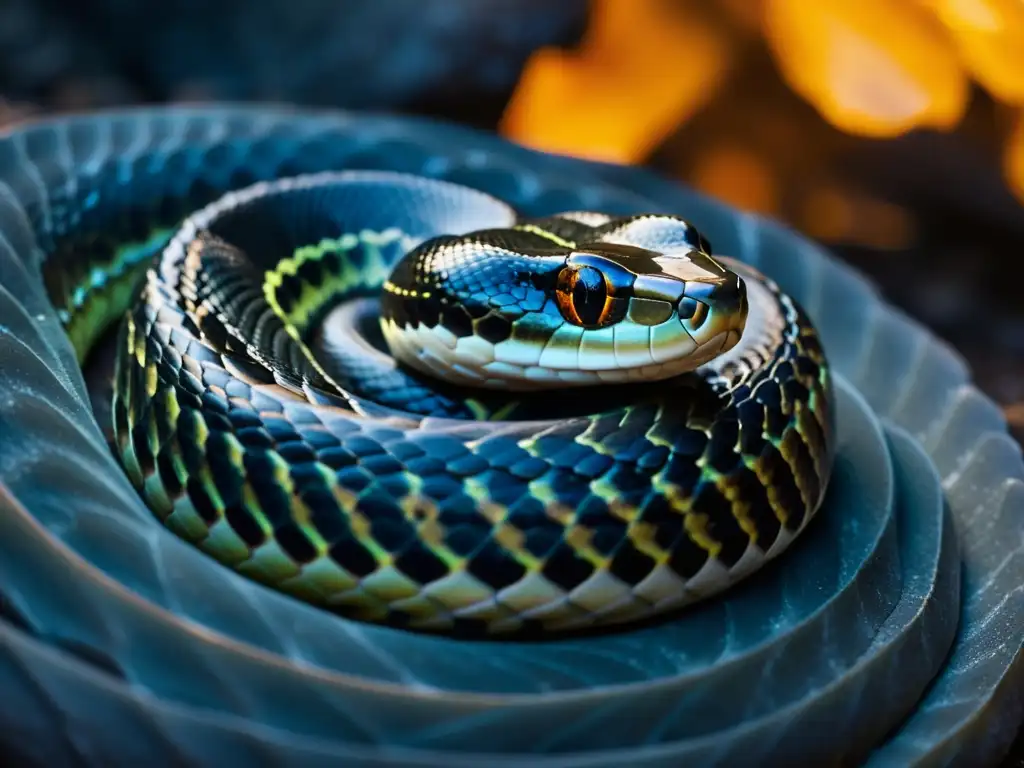 Una serpiente en profunda hibernación, sus escamas brillan en la tenue luz de la cueva