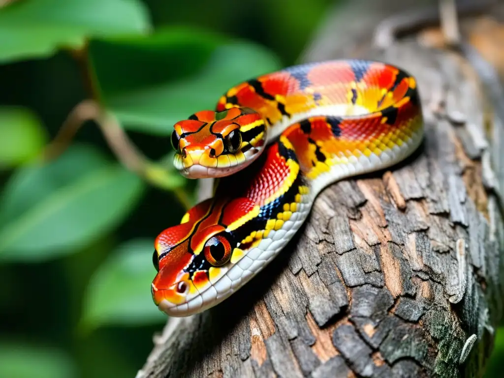 Una serpiente de maíz se enrosca en una rama, mostrando su adaptabilidad en diversos hábitats con su piel detallada y patrones únicos