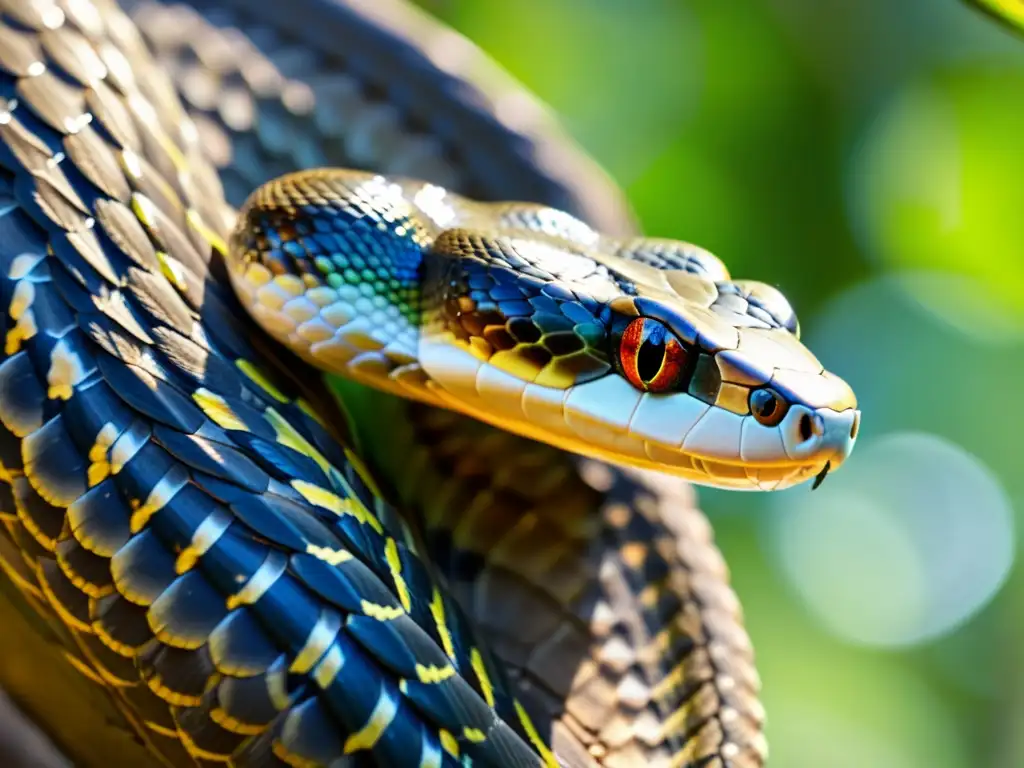 La serpiente descansa en la rama, observada por un pájaro