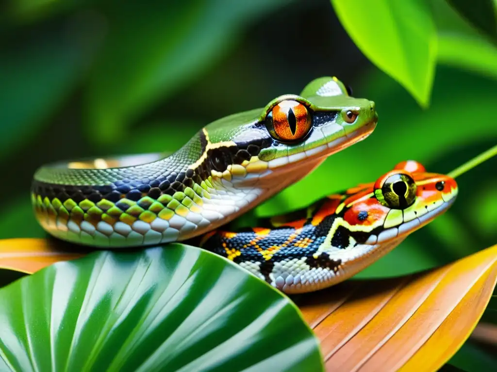 Una serpiente y una rana interactúan en la exuberante selva tropical