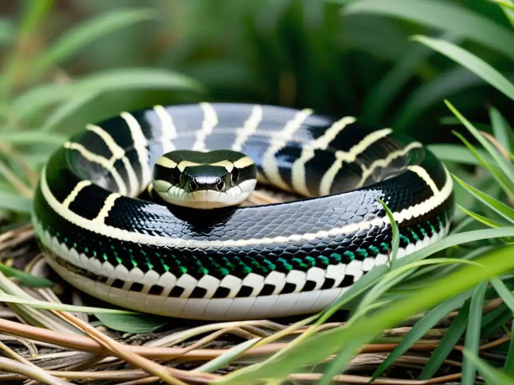 Una serpiente real de California se desliza entre la vegetación nativa