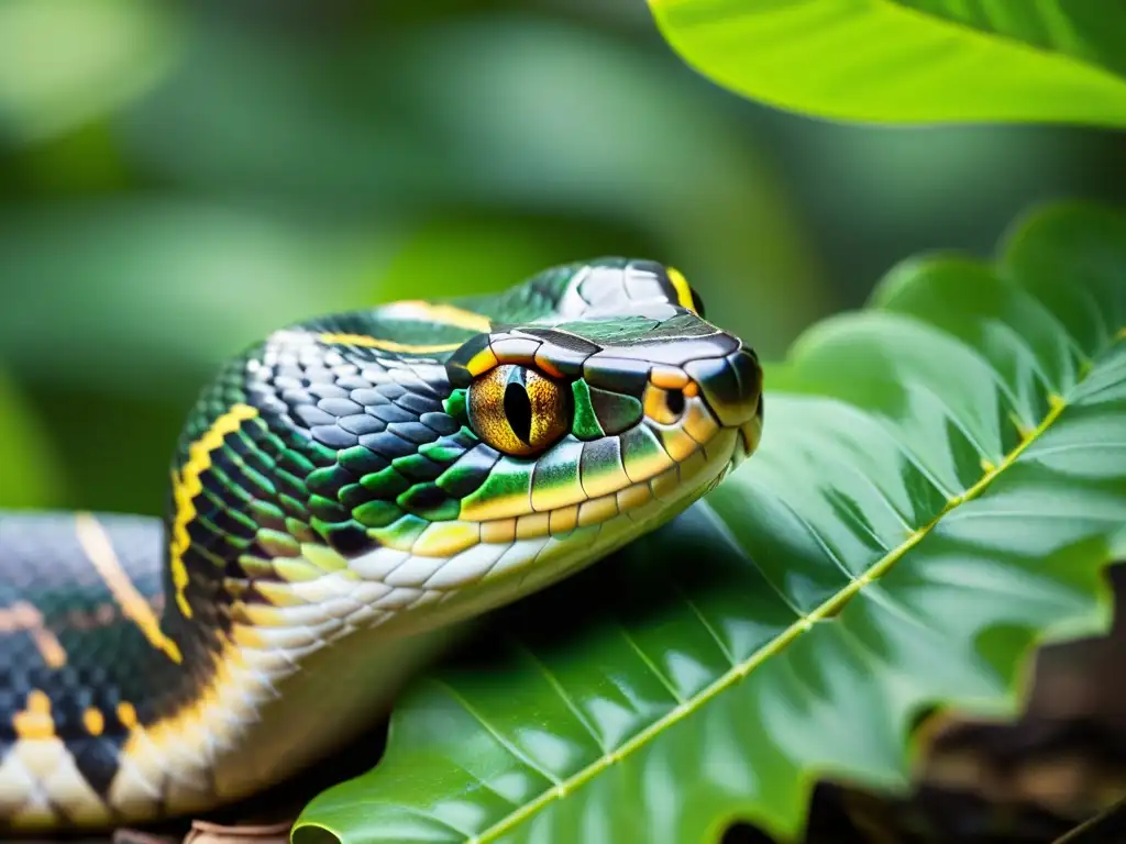 Una serpiente rehabilitada se desliza entre exuberante vegetación, mostrando sus patrones y texturas, con luz solar filtrándose a través de las hojas