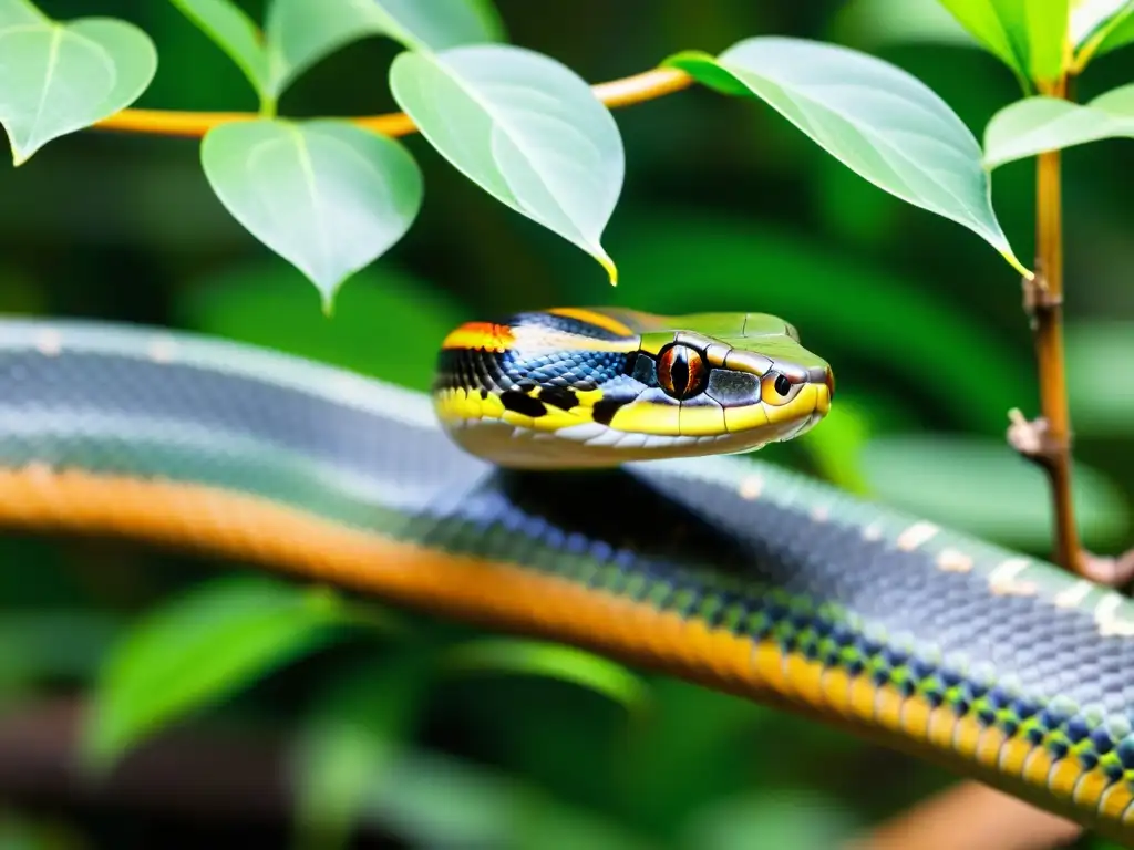 Una serpiente rehabilitada se enrosca alrededor de una rama, sus vibrantes escamas capturan la luz del sol