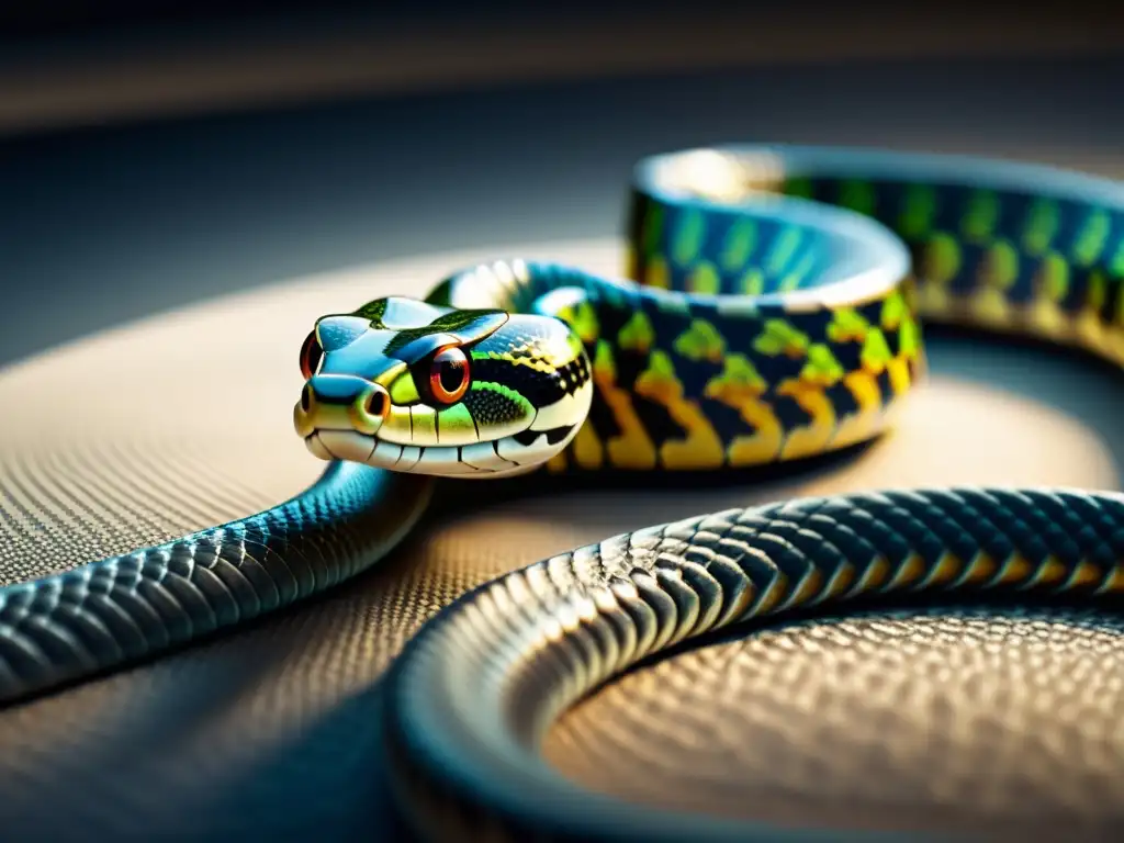 Una serpiente robótica se desliza sobre una superficie texturizada, con detalle en sus escamas mecánicas y articulaciones flexibles