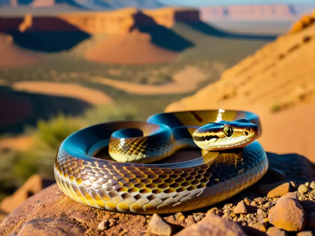 Una serpiente descansando sobre una roca en el desierto, con sus escamas reflejando la luz del sol