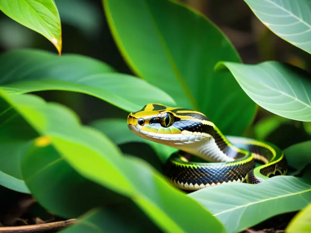 Una serpiente en la selva, camuflada entre hojas verdes, lista para cazar