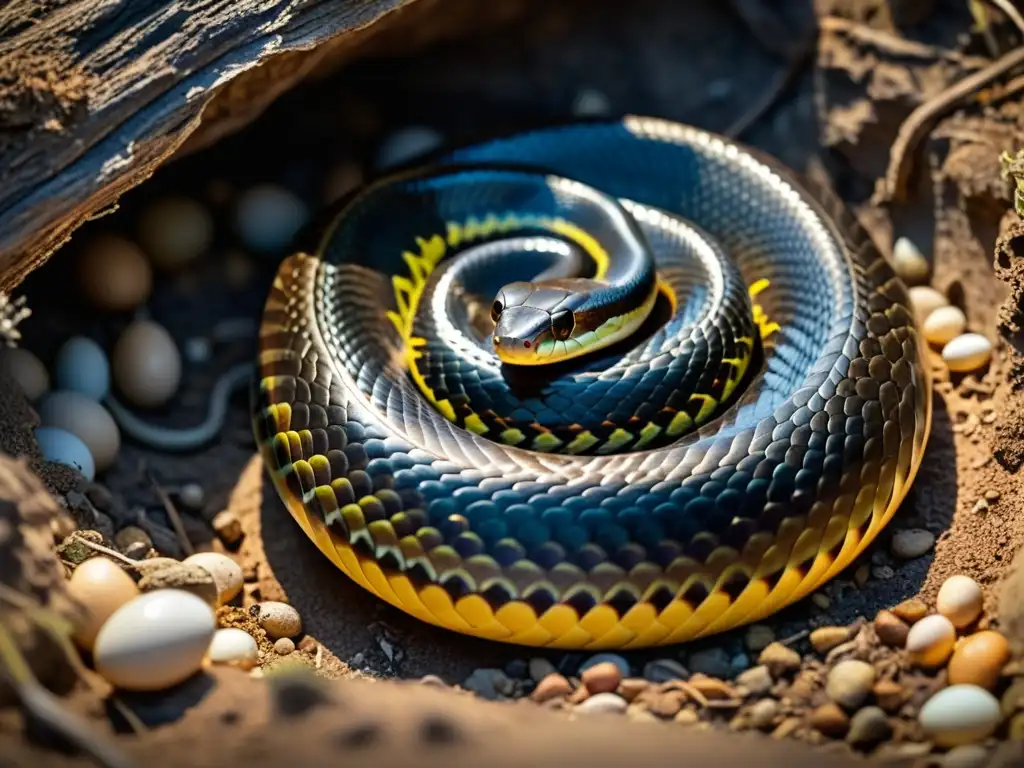 Una serpiente protege con serenidad su nido de huevos translúcidos en una cálida madriguera subterránea