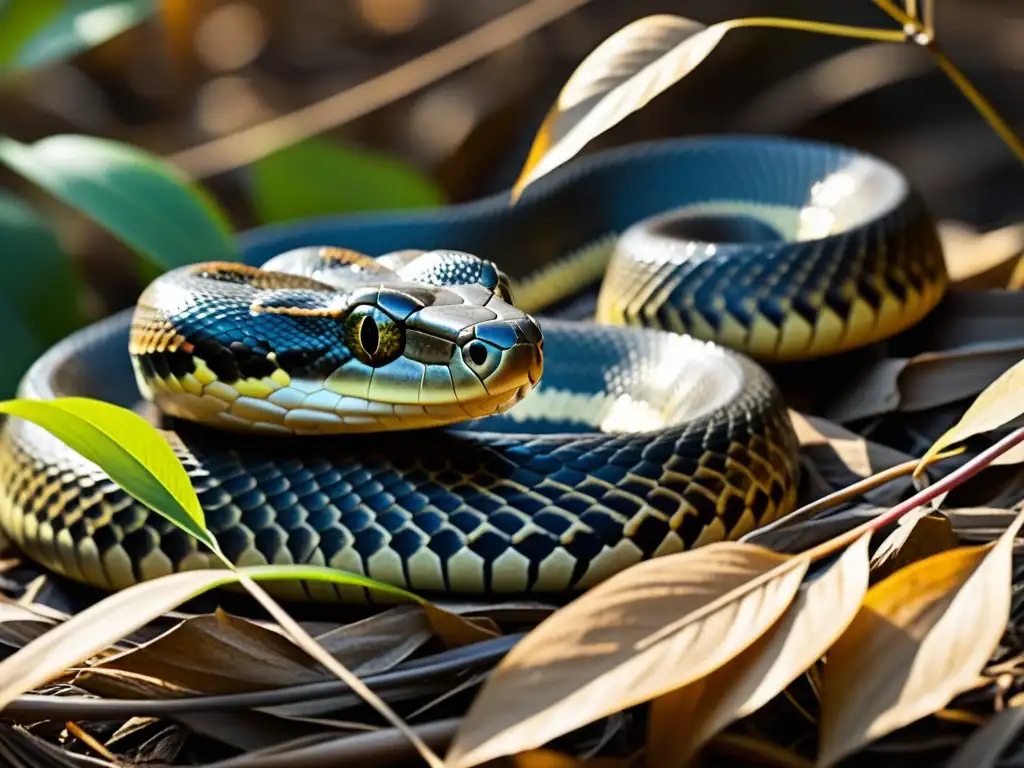 Una serpiente sigilosa entre hojas secas, su piel refleja la luz del sol