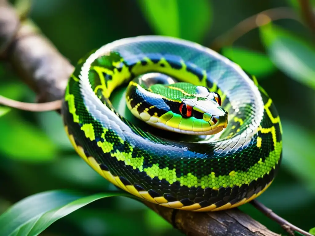 Una serpiente sinuosa y elegante enroscada alrededor de una rama, con escamas brillantes bajo la luz del sol en una exuberante selva