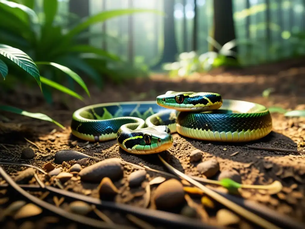 Una serpiente serpenteando en el suelo del bosque, sus escamas crean patrones mientras se comunica a través de vibraciones