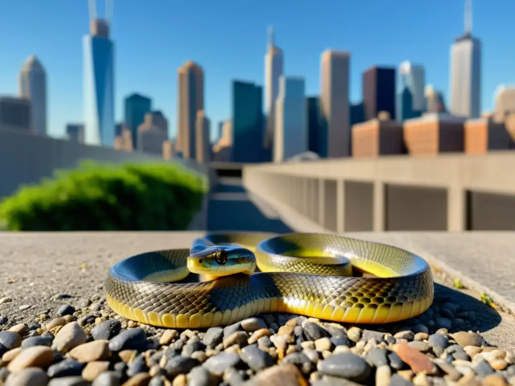 'Una serpiente translúcida mudando su piel en una acera urbana, mostrando la adaptación de reptiles en ciudades urbanas