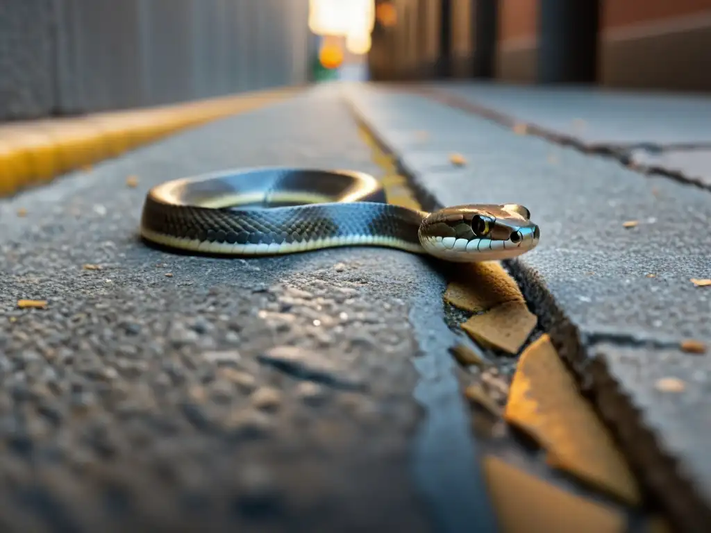 Una serpiente urbana de color gris serpentea a través de una grieta en la acera de concreto, enfrentando desafíos de supervivencia