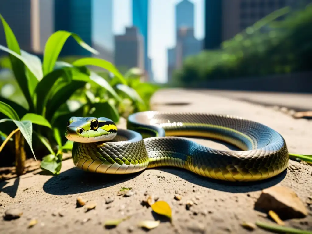 Una serpiente urbana enfrenta desafíos de supervivencia, deslizándose entre desechos y maleza en contraste con la jungla de concreto