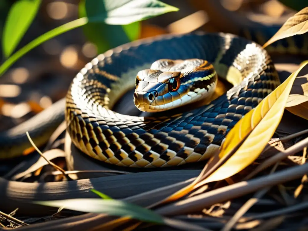 Una serpiente venenosa camuflada entre hojas secas en la selva