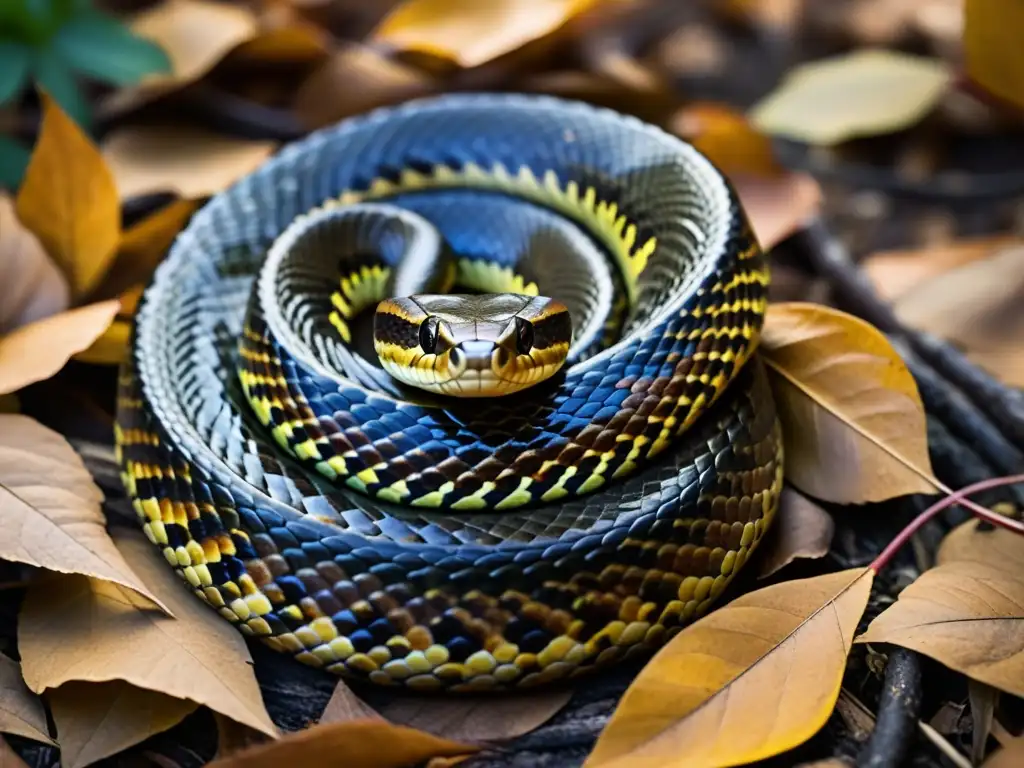 Una serpiente venenosa camuflada entre hojas caídas en un bosque