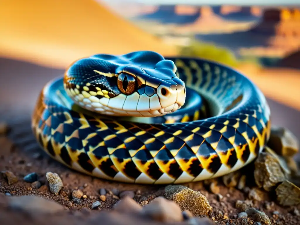 Una serpiente venenosa con colmillos expuestos, goteando veneno, en un paisaje desértico borroso